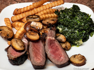 Sliced Ribeye and Mushrooms, Fries, Sautéed Spinach