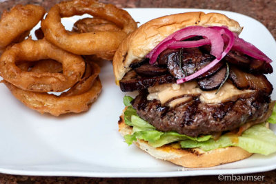 Bacon Cheese Burger* with Onion Rings