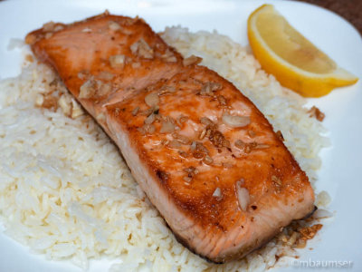 Pan Seared Salmon with Garlic Butter Sauce over Rice