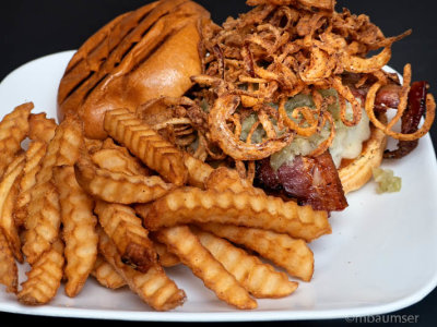 Bacon Cheese Burger** and Fries