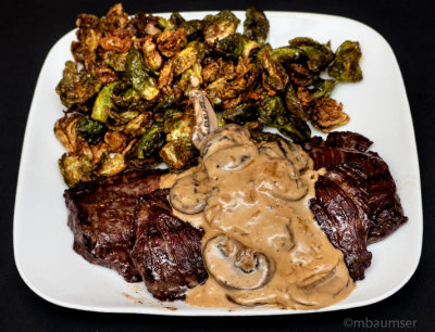 Skirt Steak with Mushroom and Mustard Sauce, Deep Fried Brussel Sprout Leaves