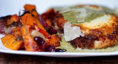 Pesto Cream Chicken Parm with Roasted Butternut Squash and Cranberries