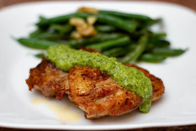 Pan Seared Chicken Thigh with Chimichurri, Sautéed Green Beans 