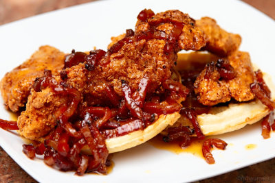 Chicken and Waffles with Maple Bacon Butter Bourbon Syrup