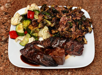 Flap Steak with Wine and Beef Stock Reduction, Deep Fried Brussel Sprout Leaves with Bacon, Roasted Veg