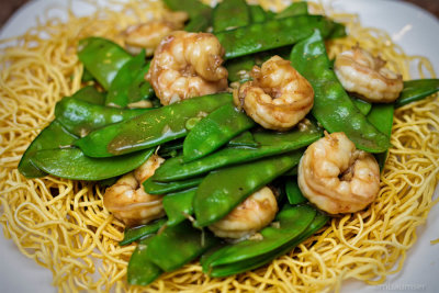 Shrimp and Snow Peas over Pan Fried Noodles