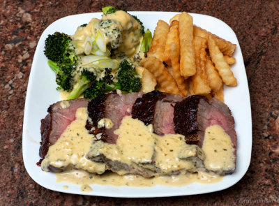 NY Strip with Tarragon Mustard Sauce, Roasted Broccoli with Cheese Sauce, Fries