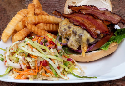 Home Cured Bacon & Smoked Gouda Burger w/ Vinegar Coleslaw and Fries