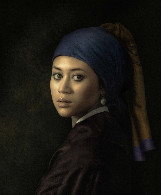 actor/model portrait photo in 'old masters' style of Johannes Vermeer's Girl with Pearl Earring