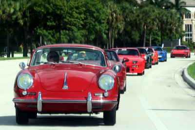 Procession of Porsches at PCA's 2019 Porsche Parade, Boca Raton, Florida, photo of rear-view mirror (4462-c)