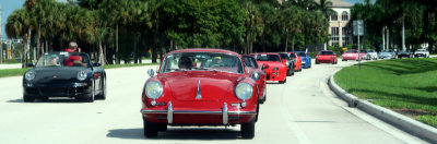 Rearview-mirror photo of Procession of Porsches in Boca Raton, FL, at 2019 Porsche Parade (annual PCA convention) (4462)