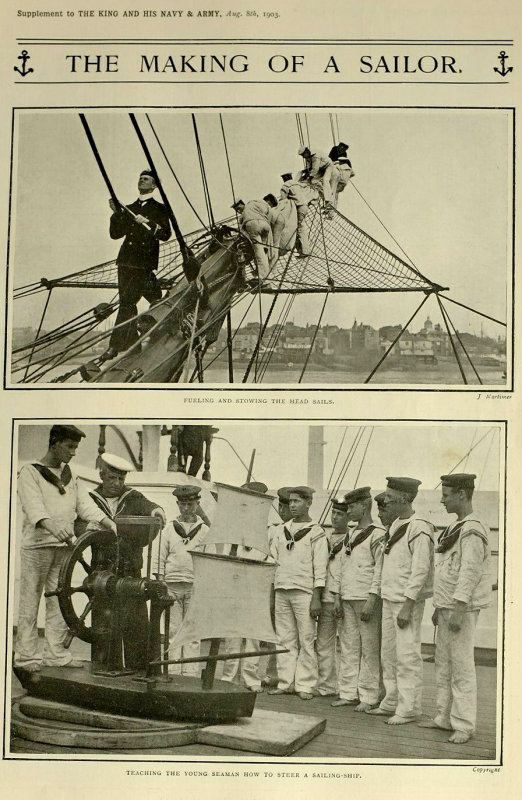 1903 PRINT ARTICLE MAKING A SAILOR TEACHING SAILING SHIP HMS GANGES KNOTS NAVY.2..jpg