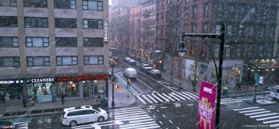 December snow starts in NYC...  time for hot soup across the street