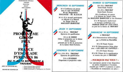 Programme des festivits  Troubat pour le Grand Prix de France d'escalade 1986