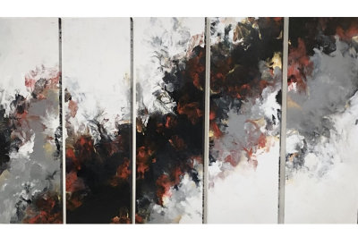 POINT OF NO RETURN 60”x20” Pentaptych  Acrylic Dutch pouring  SOLD 