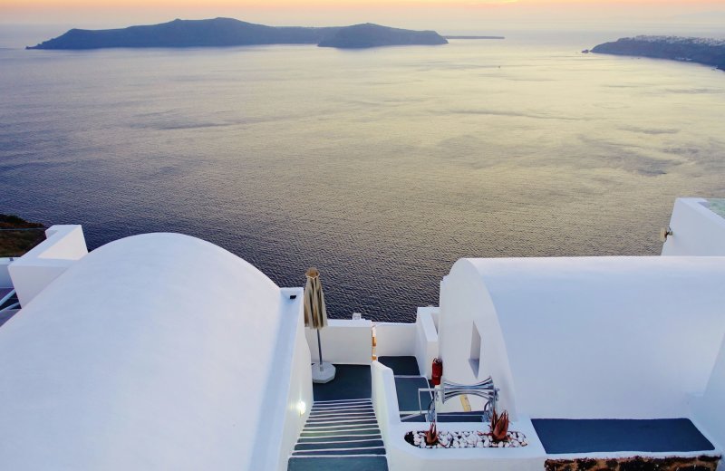 Sunset view to the Agean sea at Imerovigli, Santorini.