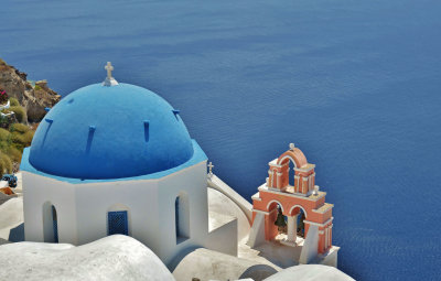 The blue domed Church of Anastasis, Oia.