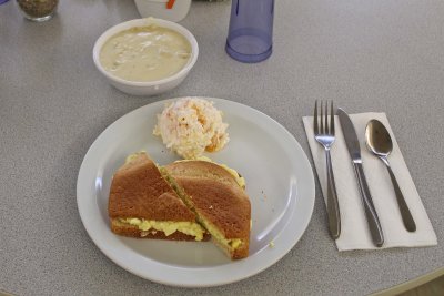17 Dec Meal site egg salad sandwich, potato soup, and ambrosia salad