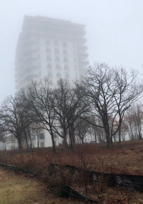 lakeside tower in fog