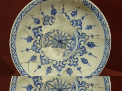 Iznik museum Ottoman white clay ceramics from Iznik in white and blue 15th century 5095.jpg