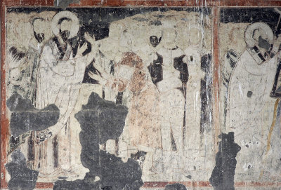 Ani Tigran Honents church king Trdadt bows to accept Saint Gregory the Illuminator's blessing fresco 3670