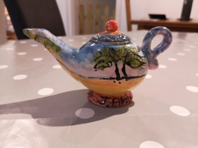 A Genieslot Lamp, Beach Scene, original, fired and glazed