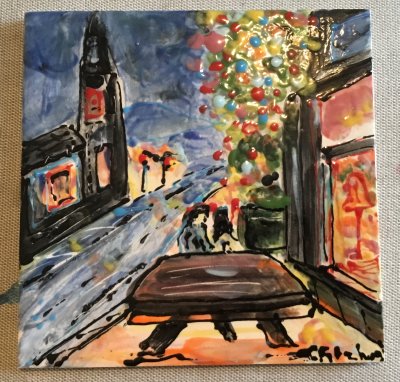 Inspired from my original painting Uppermill At Christmas now painted by me on tile and fired at Doodle Pots Mossley