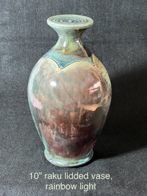 10 raku vase, rainbow light