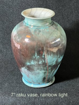 7 raku vase, rainbow light