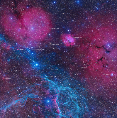 Part of the Vela Supernova remnant region - Labelled