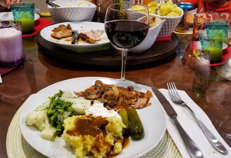 Pork Roast, Veggies, Potatoes & Gravy, Cottage Cheese and Blended Red Wine from Portugal