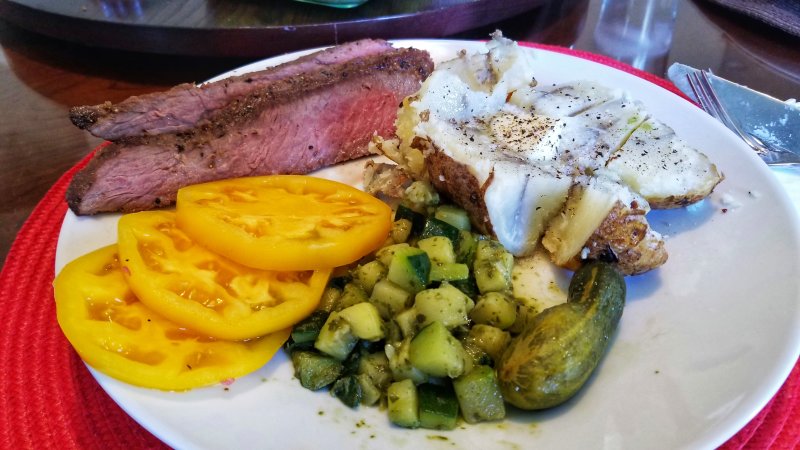 Sous Vide Top Round Sirloin, Baked Potato, Basil Zucchini, Heirloom Tomatoes and a fine Wine