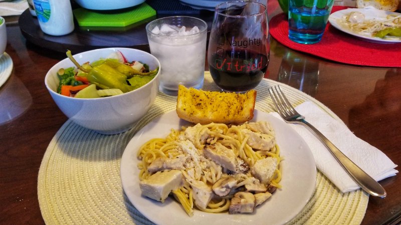 Chicken Alfredo with Mushrooms, Salad, garlic Bread and Wine