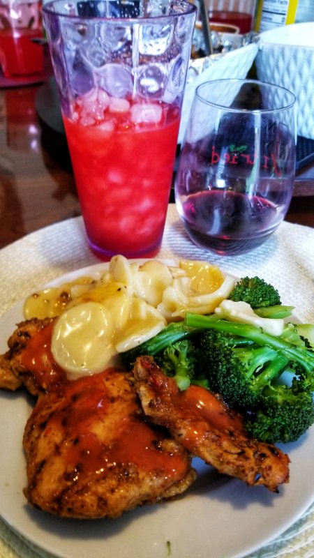 Grilled Chicken with Pineapple Sweet Chili Marinade, Scalloped Potatoes, Steamed Broccoli