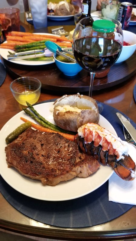 Fathers Day: Sous Vide Ribeye & Lobster, Roasted Veggies, Baked Potato