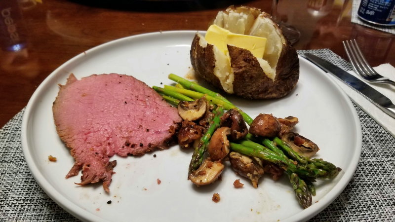 Sous Vide Eye Round, Asparagus with Mushrooms & Bacon Bits and Baked Potato 