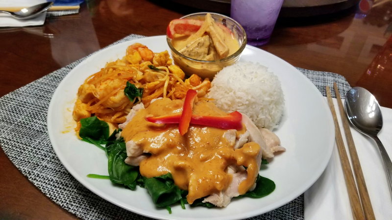 Swimming Rama, Shrimp Phad Thai, Curried Pork & Rice