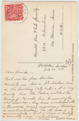 Back of postcard from Anna to Van Fleets from Stockholm