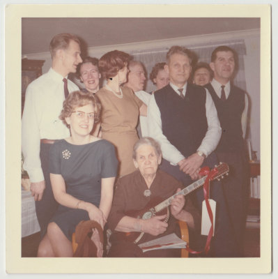 Lingblom family, including Hulda with guitar, Dagmar, Feb 1964