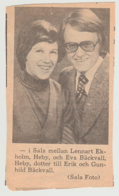 Newspaper article, marriage of Eva Backvall Eklholm and Lennart Ekholm