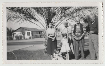 Bricken (Bertha) Oberg Schruben and Nicholas Schruben (center), Willard and Edna Coulter Schruben on ends, and daughters Susan (Horn) and Karen, Phoenix, Jan 1955 (Bricken was half sister to Per Johan berg)