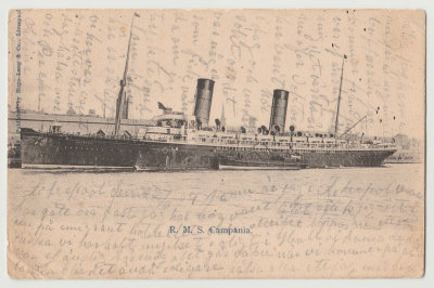 Postcard (via Liverpool) of ship Campania sent to Karin Lingblom in Lingbo (by Clara?) 1904