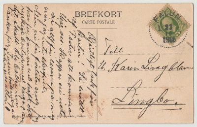 Back of postcard, station in Falun, Sweden, sent to Karin Lingblom in Lingbo, 1906