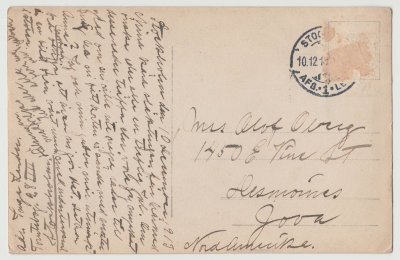Back of postcard from Stockholm to Clara Oberg, Des Moines