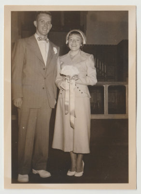 Kay Van Fleet with Pearl's cousin at Bob and Pearl's wedding, 6/20/1952