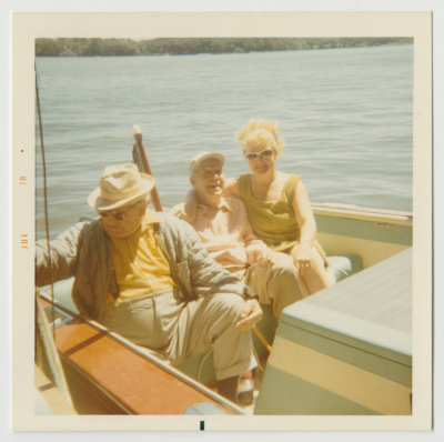 John Olof Oberg, Charlie Forsberg (Harold Van Fleet's stepfather), Helen Oberg Richards, on boat, Spirit Lake, July 1970