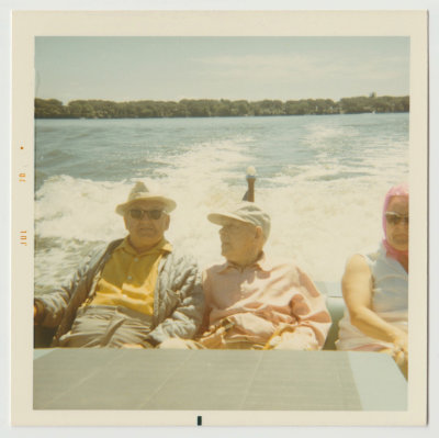 John Olof Oberg, Charlie Forsberg (Harold Van Fleet's stepfather), Katherine Oberg Van Fleet in boat on Spirit Lake, July 1970