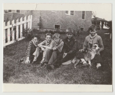 Fall 1943, Roger Williams, Bobby Van Fleet, Arvid Thorsen, Billy Brown, Ralph Thorsen, (?) and dog