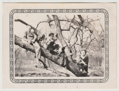 Helen Oberg, Oberg and Van Fleet kids at Margaret's parent's farm, Easter, April 1945