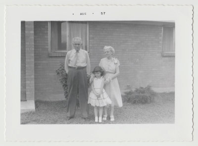 Hulda Oberg Nero, Carl Nero, and granddaughter? print Aug 1957